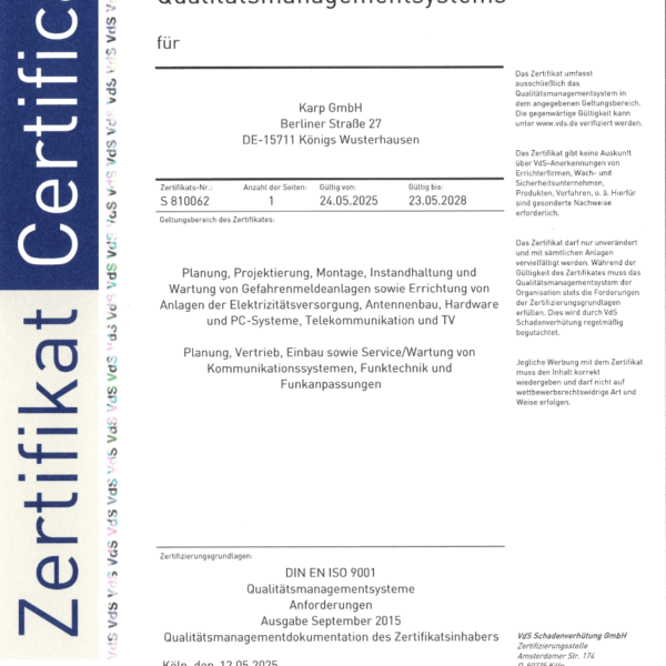 Karp GmbH Zertifikat Qualitätsmanagement ISO 9001