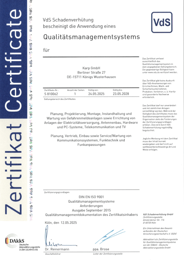 Karp GmbH Zertifikat Qualitätsmanagement ISO 9001