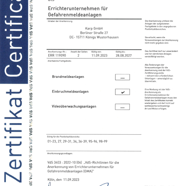 Karp GmbH Zertifikat Errichterfirma für Einbruchmeldeanlagen