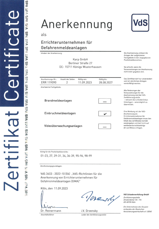 Karp GmbH Zertifikat Errichterfirma für Einbruchmeldeanlagen