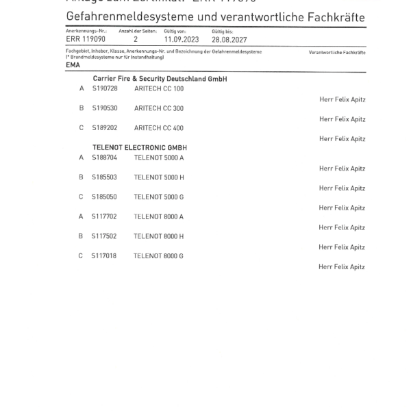 Karp GmbH Zertifikat Errichterfirma für Einbruchmeldeanlagen