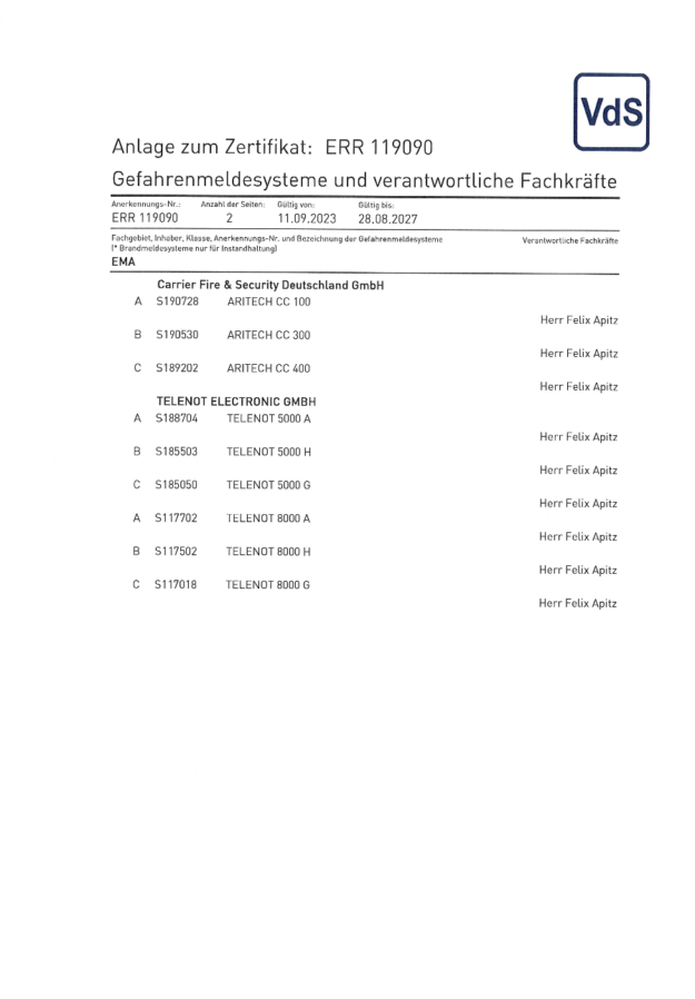 Karp GmbH Zertifikat Errichterfirma für Einbruchmeldeanlagen