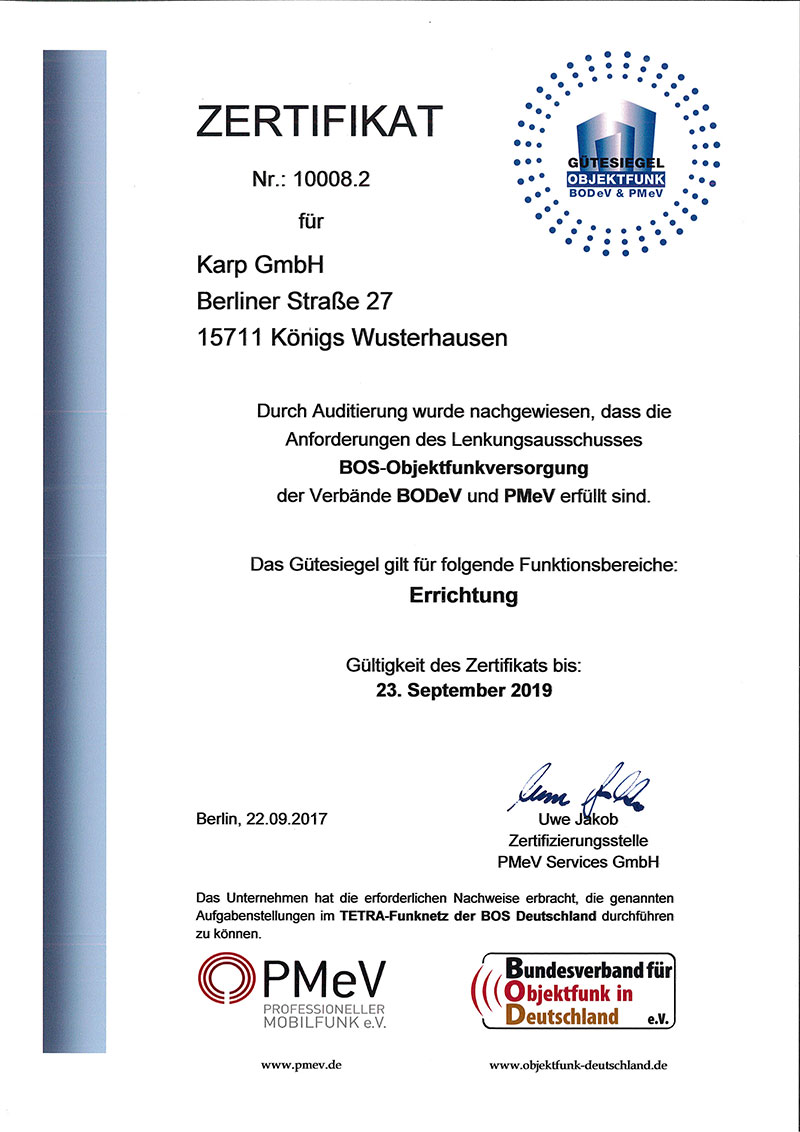 Zertifikat Bos Objektversorgung Karp Gmbh