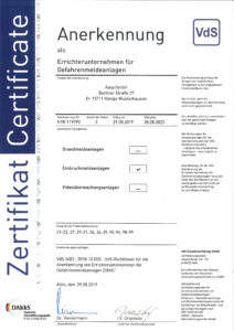 Karp GmbH Zertifikat Errichterfirma für Einbruchmeldeanlagen