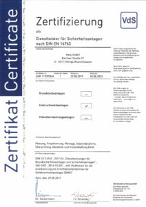 Karp GmbH Zertifikat Errichterfirma für Einbruchmeldeanlagen