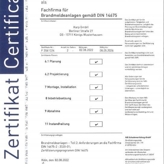 Karp GmbH Zertifikat Errichterfirma für Brandschutzmeldeanlagen