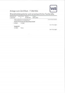 Karp GmbH Zertifikat Errichterfirma für Brandschutzmeldeanlagen
