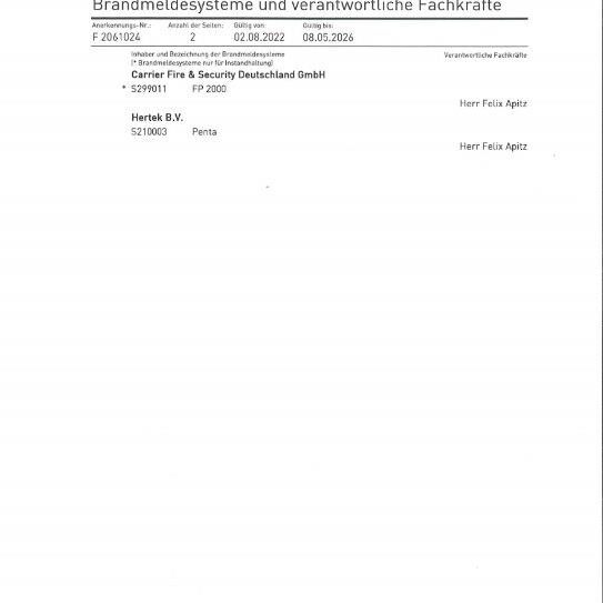 Karp GmbH Zertifikat Errichterfirma für Brandschutzmeldeanlagen